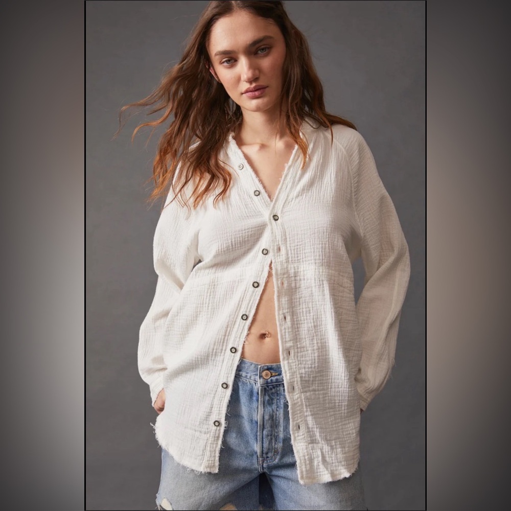 WE THE FREE White Summer Daydream Oversized Boho Gauzy Button Down Size XS